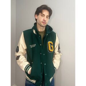 NWT GUESS Varsity Jacket Men’s M Hooded Layer Emerald Green & Cream Team Patches